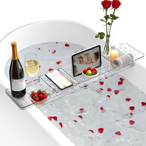 Penbinmall Vassoio Regolabile per Vasca da Bagno in Plastica Trasparente, Mensola con Ripiano per Libri, Ipad, Telefono, Bicchiere e Candela, Accessori Vasca Ideale per Donne