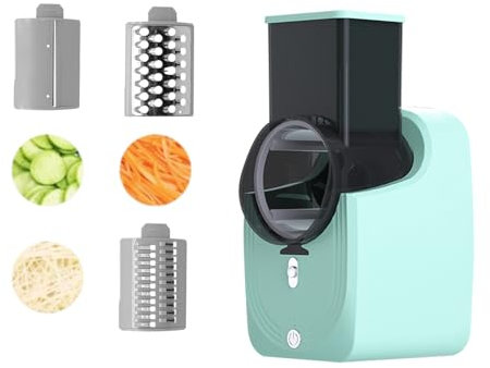 Grattugia elettrica per verdure, affettatrice per verdure con 3 lame diverse, 50 W, con scatola di stoccaggio, grattugia per frutta e verdura, cucina, ristorante (verde)