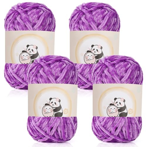 Aeelike Chenille Yarn 400g, 4 Pack Plush Chunky Chenille Wool for Knitting 100g Balls, Soft Fluffy Velvet Chunky Thick Yarn for Crochet Amigurumi, Baby Blanket, Scarves, Socks & DIY Crafts, Purple