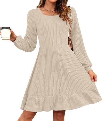 AUSELILY Jumper Dress for Women UK Autumn Winter Knitted Elegant Dress Long Sleeve Sweater Dresses Apricot