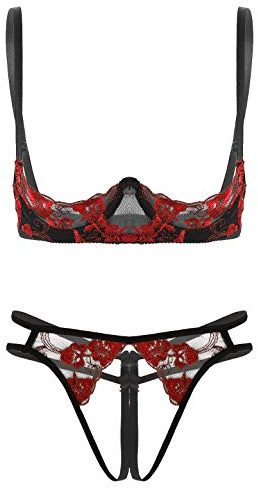 Riismen Conjunto De Lencería para Mujer Piezas Sujetador Push Up Y Tanga Abierta De Encaje Ropa Interior Sexy Y Sensual Rojo OneSize