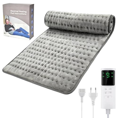 Fwiull 43x84cm Heating Pad, heizkissen mit Abschaltautomatik, Elektrisches Heizkissen zur Schmerzlinderung Überhitzungsschutz, Heizkissen 9 Heizstufen und 4 Timer mit LED-Display, Grau