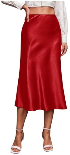 NSICBMNO Red Midi Skirts for Women UK - Pencil, Pleated, Satin, High Waisted, Zip Up, A Line, Plain, Casual, Office, Work, Party, Long Skirts