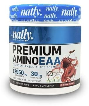Natly Premium Amino EAA 330g | Sabor cereza | 9 Aminoácidos Esenciales | Suplemento Deportivo de Rápida Absorción para Recuperación, Energía y Masa Muscular