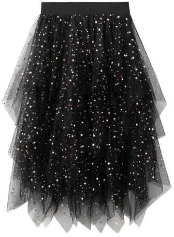 Jupe en tulle pour femme - Jupe tutu bouffante pour femme avec paillettes - Jupe midi irrégulière pour carnaval, costume de fée et de princesse - Tenue de Nouvel An - Grandes tailles, Paillettes