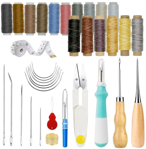 JMZLLRX Set di Strumenti in Pelle per Artigianato, Kit Ago da Cucire in Pelle con Filo Cerato, Aghi da Cucito a Mano per DIY Cucitura Artigianato, 35 Pz