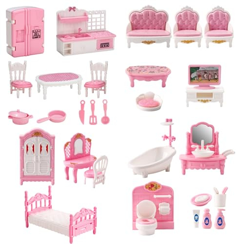 4 Ensembles de Meubles de Maison poupée en Plastique réaliste pour Enfants, Comprenant Cuisine, Chambre à Coucher, Salle Bain, Salon, kit Bricolage, Accessoires et Meubles Maison poupé