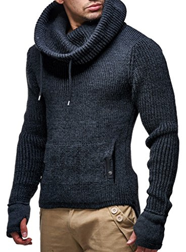 Leif Nelson Men's Pullover Knit Sweater Chunky Knit Shawl Collar LN-5060 Anthracite Large