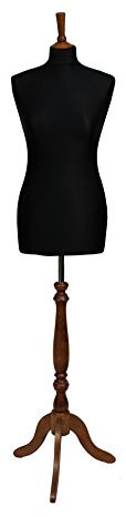 Manichino nero da sarta con busto femminile, rivestimento in jersey nero, con treppiedi in legno di rose indiano, taglia 44/46