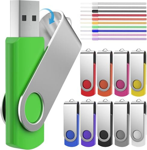 USB Sticks 4GB 10 Stück Billig Speichersticks - Rotate Mehrfarbige 4 GB USB 2.0 Memory Stick Flash Laufwerk - FEBNISCTE Datenspeicher Pendrive Metall Bunt Flash Drive mit Kabel für Abschlussgeschenk