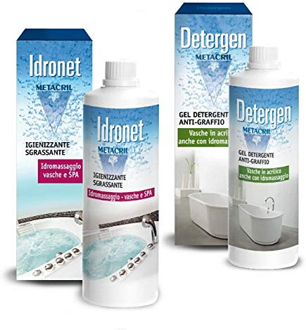 Metacril Detergen 500 ML + Idronet 500 ML, Igienizzante e Detergente Anticalcare, Ideale per Vasca Idromassaggio