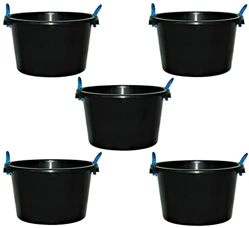 5x 45L BLACK HEAVY DUTY PLASTER MIXING CEMENT MUCK WATER TUB STORAGE BUCKET WITH ROPE HANDLES