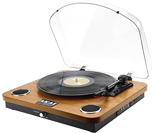 AKAI Bluetooth -skivtallrikar, Vintage Vinyl skivtallrik, 33/45/78 RPM, Inbyggda stereohögtalare, Vinylinspelning, USB, RCA-ljudutgång, SD-kortläsare, Naturligt trä