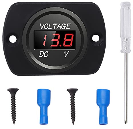 YIXISI Voltmetro per Auto Impermeabile DC 12V 24V con Schermo Digitale a LED e Piastra di Montaggio, Misuratore di Tensione Rotondo con Terminali per Barca Veicolo Motociclo Camion ATV UTV, Rossa