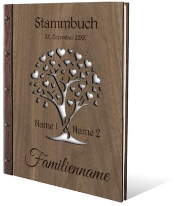 Kartenmachen.de Stammbuch der Familie Holz mit Echtleder Rücken Gravur individuell mit Extras DIN A4 Nussbaum Amerikanisch - Herzbaum