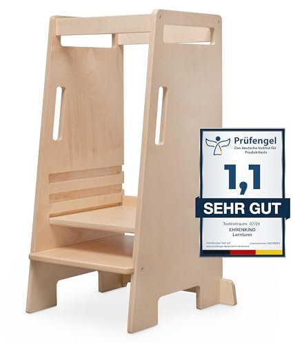 Ehrenkind® Lernturm ab 1 Jahr Montessori höhenverstellbar | bis zu 60 KG belastbar | Natur-Holz Lernstuhl Nachhaltig | Learning Tower Kinderhocker Kinderturm lackiert