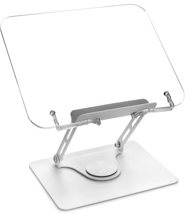 QWORK® Soporte Tablet,soporte plegable para libros de lectura hecho de acrílico con altura ajustable y base giratoria de 360°, soporte de lectura portátil para oficina y cocina