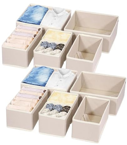 Kongming 12 Stücke Schubladen Organizer Kleidung, Waschbare Organizer Schublade Ordnungssystem, Faltbare Aufbewahrungsbox Stoff Organizer Kleiderschrank für Bhs, Socken, Unterwäsche (Beige)