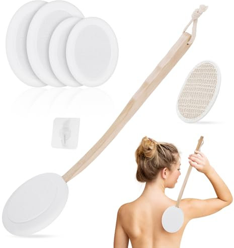 LOPHE Eincremehilfe für Rücken, 7pc Rückeneincremhilfe mit Langem Stiel und 4 Austauschbaren Pads, Rückencremer Applikator Rückenbürste, Duschbad Körperwaschbürste Rückenpflege(Weiß)