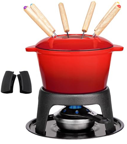 Mabeeze Cast Iron Fondue Pot Set for Cheese, Chocolate or Meat - Red Enameled 1.6 Qt Pot - Includes 6 Fondue Forks