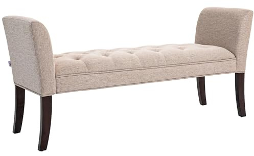 HOMCOM Banc bas de lit Meuble avec design à boutons, banc rembourré en tissu effet lin et bois, 141 x 44 x 65 cm, beige