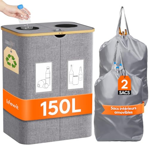 Lifewit Collecteur de Bouteilles avec Couvercle 2 Compartiment 150L, Poubelle Tri Selectif pour Plastique, Bouteilles Verre, Poubelle Exterieur de Recyclage avec Trou, Cuisine Rangement,Gris Clair