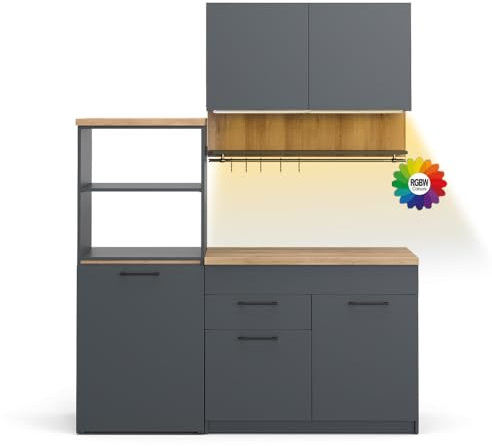 Vicco Küchenzeile Egbert, Anthrazit, 160 cm mit ausziehbarem Tisch mit LED-Leisten