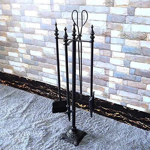 Set di 5 attrezzi per caminetto in ferro battuto, finitura nero/oro, include pinze, paletta, spazzola e attizzatoio accessori per caminetto per interni ed esterni