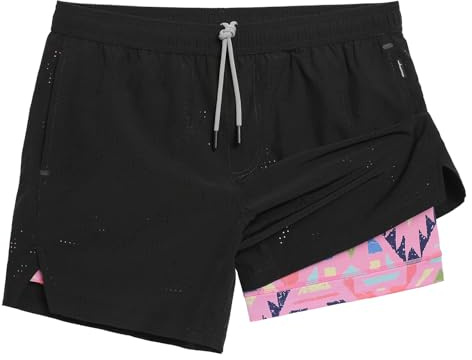 MaaMgic Pantaloni corti da corsa 2 in 1, da uomo, con tasca per cellulare, ad asciugatura rapida, 5, con pantaloni interni, 4 vie, elasticizzati, per corsa, fitness, allenamento atletico, nero rosa