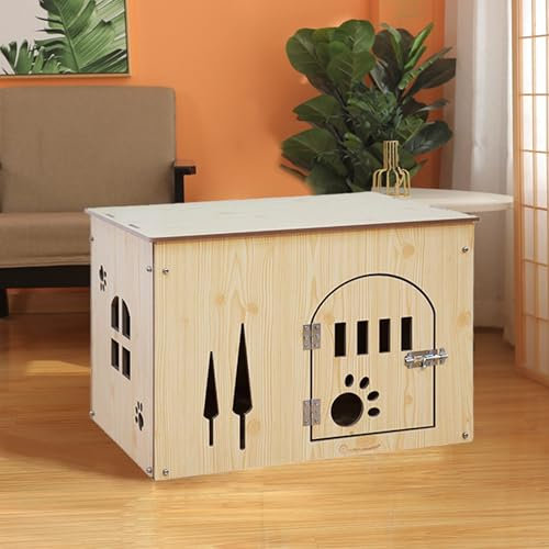 FALANZATH Hundehütte aus Holz mit Lüftungsöffnungen,Hundehaus mit Dach Hundehöhle Indoor,Schlafhaus Haustierhaus zuhause,Haustierhaus für Katzen,Welpen, Hund MDF-Platte 59x42x40cm