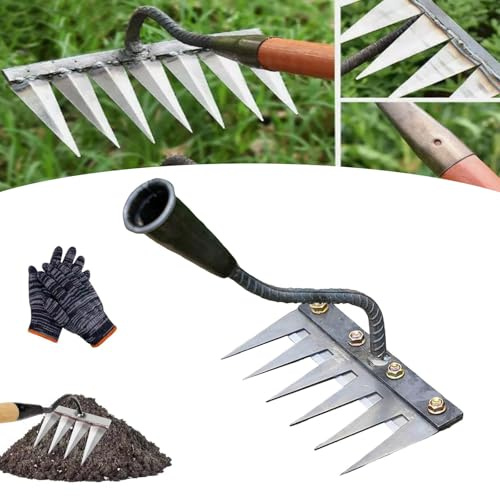 Rastrillo De Deshierbe, Rastrillo Jardin con Mango, Rastrillo Malas Hierbas, Rastrillo De Acero Al Carbono De 5/6/7/8 Dientes, Elimina Malezas, Grava y Hojas en 1 Pasada (6 Dientes)