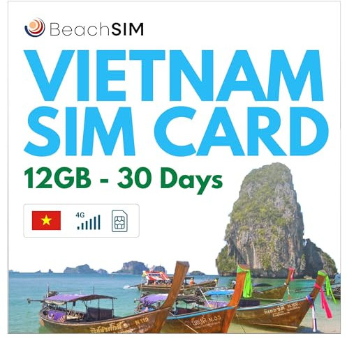 BeachSIM Tarjeta SIM Vietnam para 30 dias. 12 GB de Datos a velocidades 4G/5G. Tarjeta SIM sólo para Datos. Itinerancia Gratuita en Indonesia, Hong Kong, Macao, Sri Lanka y Singapur.