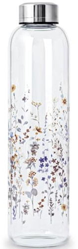 WENLIM 1 litre Glass Water Bottle 1000ml Clear Glass Drinking Bottle with Neoprene Sleeve 1L BPA Free Borosilicate Glass Bottle Leakproof (Flourishing Flowers)