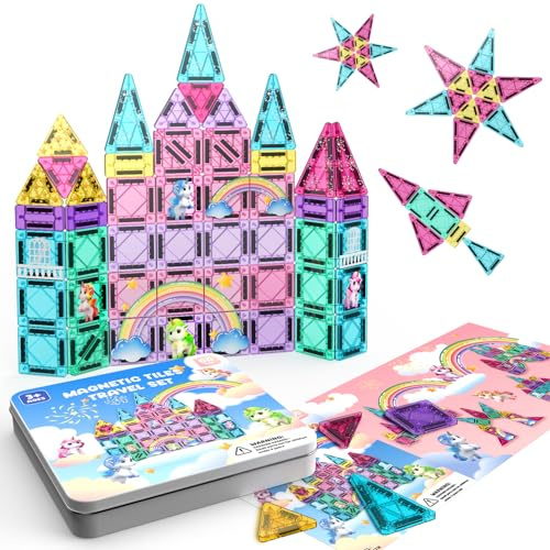 ACELIFE Blocchi da costruzione magnetici 60 pezzi, mini giocattoli magnetici per bambini, set da viaggio Montessori, set da viaggio giocattolo portatile STEM, piastrelle magnetiche per ragazzi e