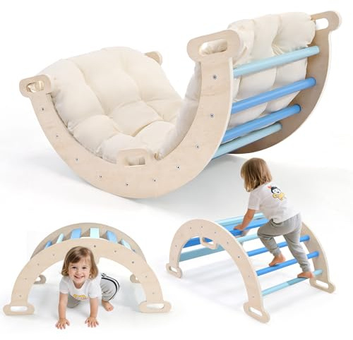 2 en 1 Arco de escalada con reposabrazos, Escalada niños de madera con cojín, madera natural, alfombrilla para los pies antideslizante, refuerzos de soportes, Arco Montessori para bebe 1-6 años