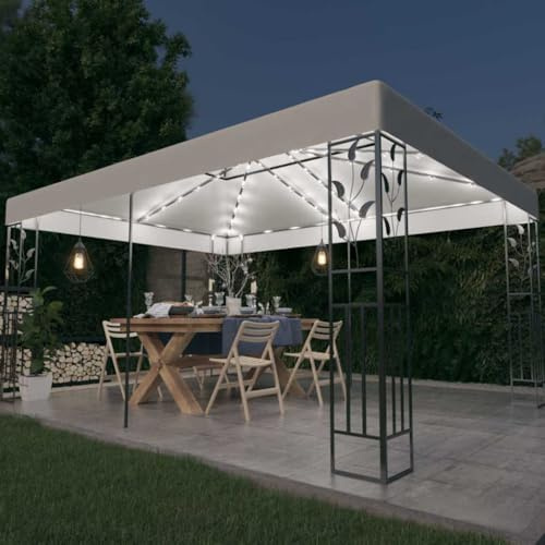 Gazebo da Giardino con Luci Solari, Doppio Tetto Impermeabile, Gazebo Campeggio, Tenda per Feste, per Giardino e Spiaggia, Colore Bianco, 3x4 m