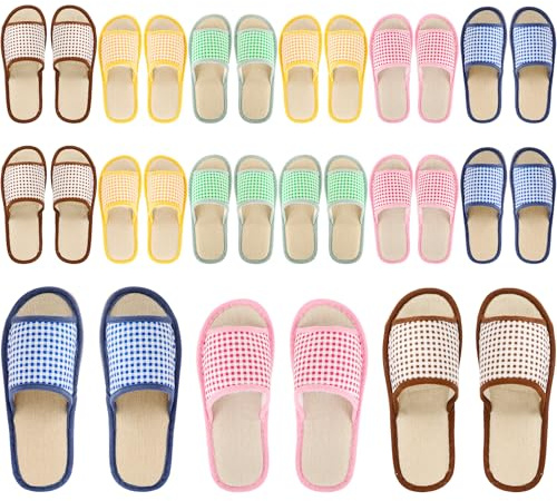 Faytark 15 Pairs Washable House Slippers Open Toe Breathable Slippers Bulk Non Slip Plaid Linen Disposable Slipper Bulk for Unisex Indoor Home Bedroom Travel Guests, 5 Colors, 2 Sizes