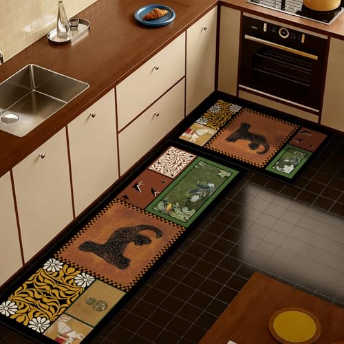 Alfombra Cocina 50X80Cm+50X160Cm Flor Verde Modernas Lavables Alfombras De Cocina Antideslizantes, Antiincrustante, Duradero,Anti Fatiga para Salón, Dormitorio,Baño, Pasillo