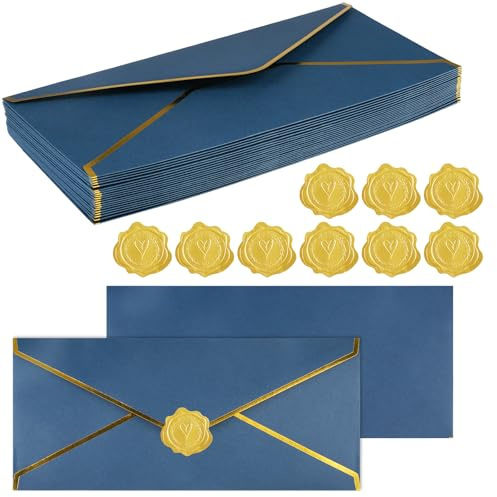 Varenzya 20 stycken kuvert med 30 gyllene klistermärken | 24 × 10,5 cm mörkblå kuvert med guldfoliekant, kuvert med V-klaff, Envelope med våtflikar för kontor, bröllop