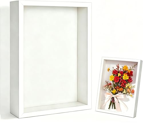 3D Shadow Box Frame 23x28x3 cm, Wooden Deep Photo Display Box with Acrylic Glass, Shadow Box for Medals Flowers Tickets Memorabilia Crafts, Tabletop Keepsake Case for Home Decor (White)