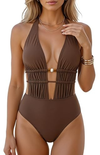 JTSONN Bañador de Una Pieza Mujer Reductor Abdominal Push Up Moldeador Escote V Fruncido Sexy Espalda Descubierta Cordón Moda Playa Marrón Swimsuit