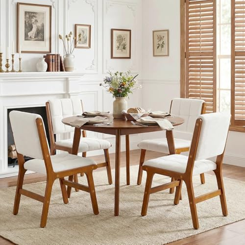 Ckaff Set di 4 Sedie da Pranzo, Sedia Imbottita Sala da Pranzo in Lino, Poltrone da Salotto con Gambe in Legno, Sedie da Cucina per Sala da Pranzo Cucina Soggiorno Camera da Letto, Beige