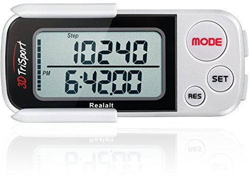 Realalt 3DTriSport 3D Schrittzähler, präziser, einfach einzurichtender tragbarer Schrittzähler mit Clip und Gurt-(Weiß)