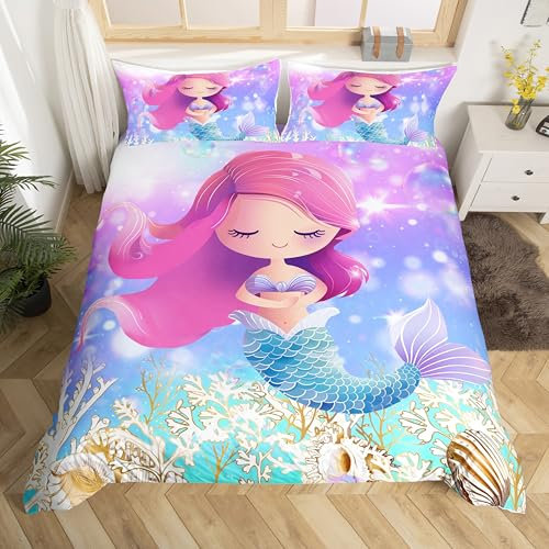 Lächelnde Meerjungfrau Bettwäsche-Set Schönes Meerjungfrau-Märchen Bettwäsche Set 155x220cm Shinny Unterwasserwelt Betten Set für Kinder Jungen Mädchen Teenager 2St.Reißverschluss Mikrofaser