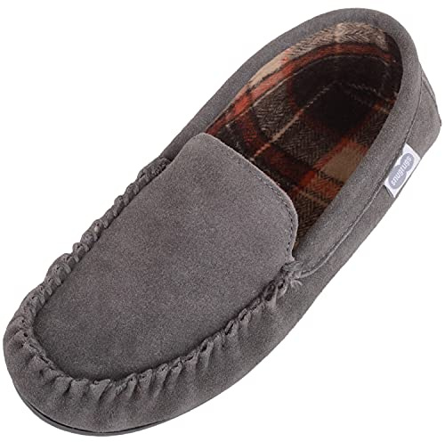 SNUGRUGS Leo Mens Suede Loafer Moccasin Slippers with Checked Cotton Inner and Rubber Sole (UK 10, Grey, numeric_10)