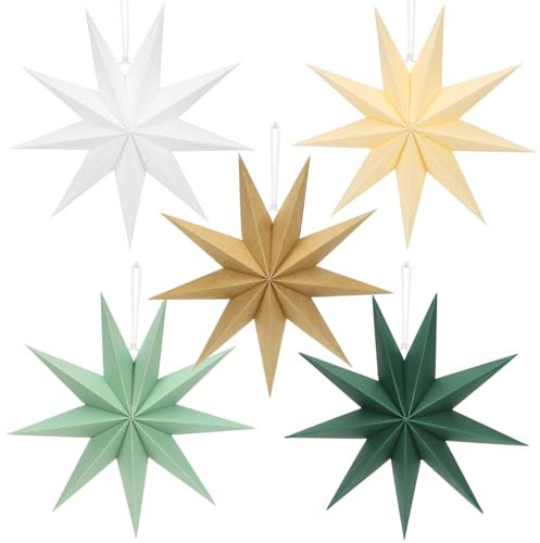5 Stück Faltstern Weihnachten Beige Salbeigrün, 30cm Braun Papiersterne zum Aufhängen, 9 zackig Dunkelgrün Papier Faltsterne, Weiß Papiersterne Dekoration für Weihnachts Advent Hochzeit Geburtstag
