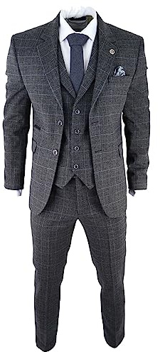 Mens Grey Tweed 3 Piece Suit Blue Check Vintage 1920s Gatsby Blinders Tailored Fit - Grey 36