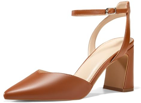 Juliet Holy Womens Closed Toe Heels Chunky Block Heel Ankle Strap Pumps Slingback Heeled Sandals Brown
