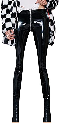 SEMATOMALA Leggings sexy en latex avec fermeture éclair à l'entrejambe pour femme - En cuir synthétique - Effet mouillé brillant - Noir et rouge
