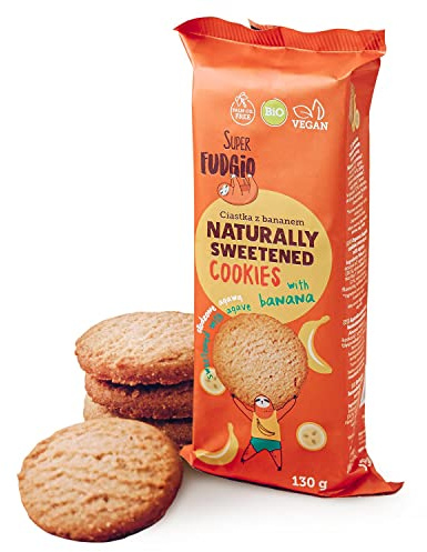 SUPER FUDGiO Biscuits Sucrés à l'Agave Saveur Banane 130 g, Vegan Biscuits Sans Sucre Ajouté, Arôme Banane Naturel, Sans Huile de Palme, Certifiés Bio, Gateau Sans Sucre, Snack Sain